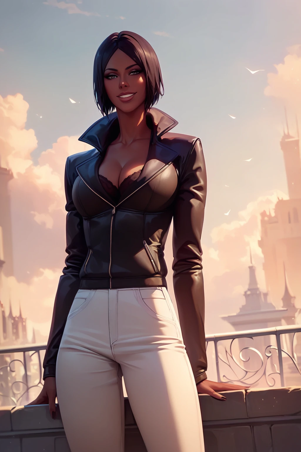 score_9, score_8_up, score_7_up, highres, (best quality:1.1), masterpiece, absurdes, looking at viewer, smile, outdoors, sky, solo focus, day, cloud, 1girl,Jackie_Tristan,jacket