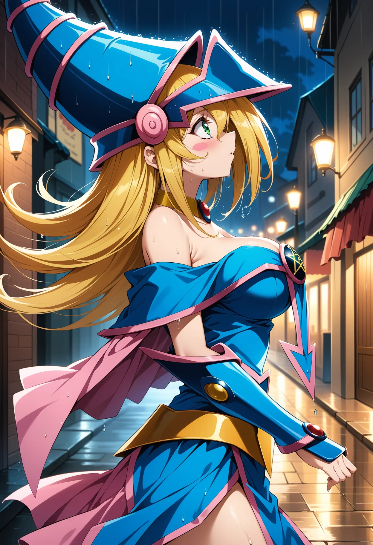 (masterpiece, best quality, very aesthetic, ultra detailed), intricate details, 4k, aadmg, long hair, blonde hair, hat, blue headwear, green eyes, blush stickers, breasts, choker, bare shoulders, cleavage, blue dress, pentacle, vambraces, pelvic curtain, pink skirt, <lora:dark_magician_girl_(animagine)_v1:0.9>, street, night, from side, rain, wet, looking up