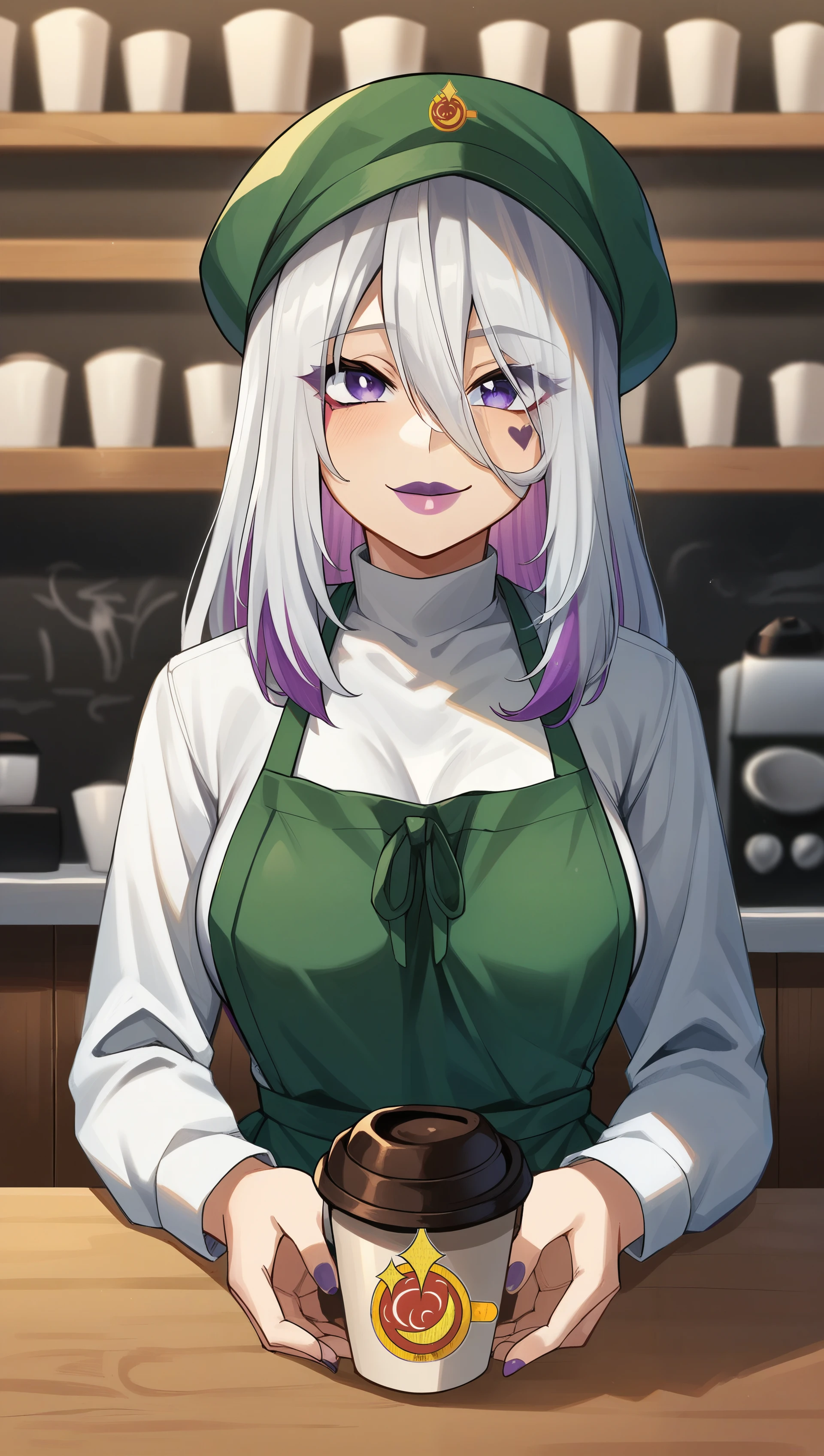 score_9, score_8_up, score_7_up, score_6_up, score_5_up, score_4_up, source_anime BREAK SableK1ck1x, white multicolored hair, facial tattoo, purple mascara, purple lips, smiling, white long sleeves shirt, green apron, green hat, barista, coffee, handing to viewer, cafe <lora:SablePony:1>