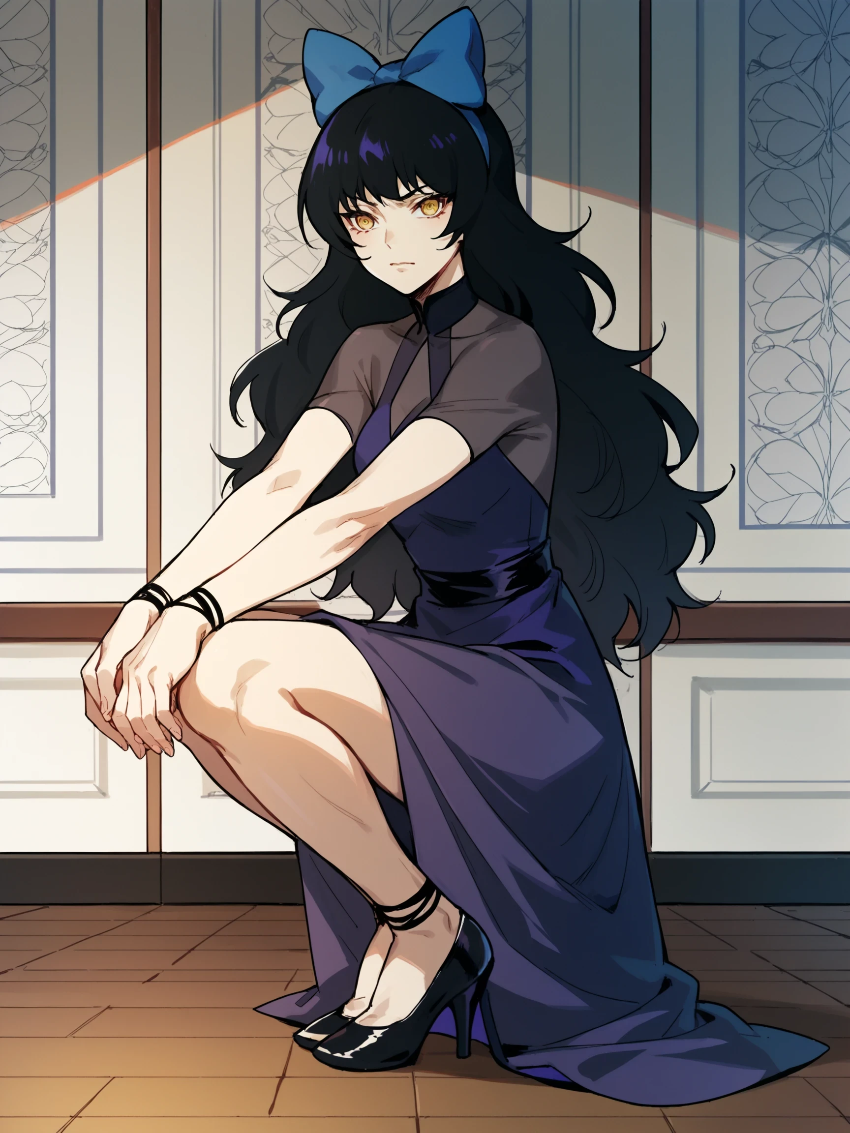 BlakeBelladonna, 1girl, solo, black hair, yellow eyes,  ((Squatting with hands on ankles)), score_9, score_8_up, score_7_up, source_anime, masterpiece, ((detailed  background)), ((indoors)), dance room,

, BlakeDanceDress, purple dress, blue bow, hair bow, high heels, black shoes, side slit