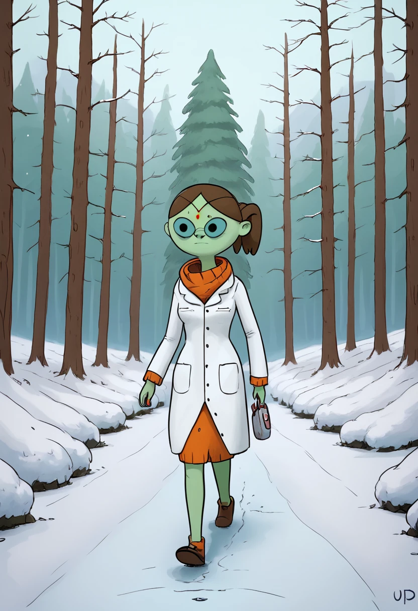 score_9, score_8_up, score_8,   <lora:Doctor_Princess_Adventure_Time_for_PonyXL:0.8> 1girl, green skin, glasses, drpr1nc3ss, brown hair, labcoat, forehead jewel, walking, snow, forest,