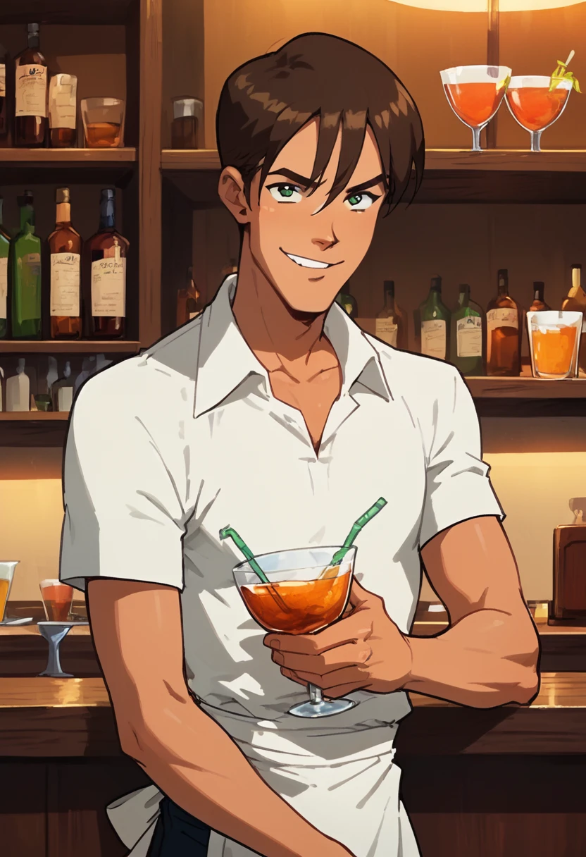 embedding:Pony\Positive\zPDXL2,score_9, score_8_up, score_7_up, 1boy, david_ts!, brown hair, straight hair, green eyes, tanned skin, slim body, white shirt, short sleeves, apron, bar, liquor, cabinet, counter, serving drinks, drinking straws, drinking glasses, smirk, look at viewer