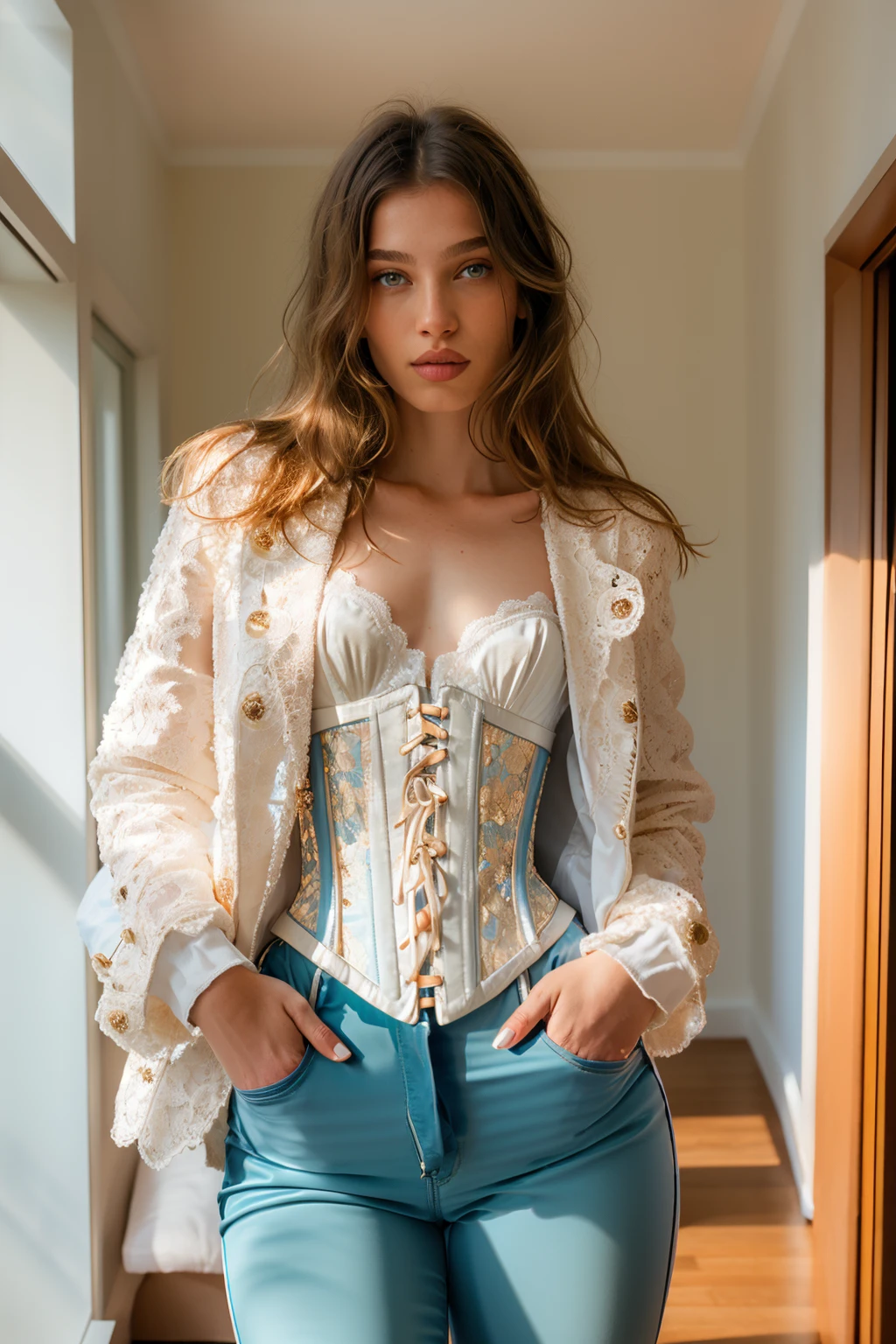 a photograph of (1girl, 28 years old, slight smile), <lora:ZH_MissBoAbrlic_v1:1>, zh_missboabrlic, solo, realistic, blue eyes, looking at viewer, wearing (white suit, lace corset, jacket, pants)