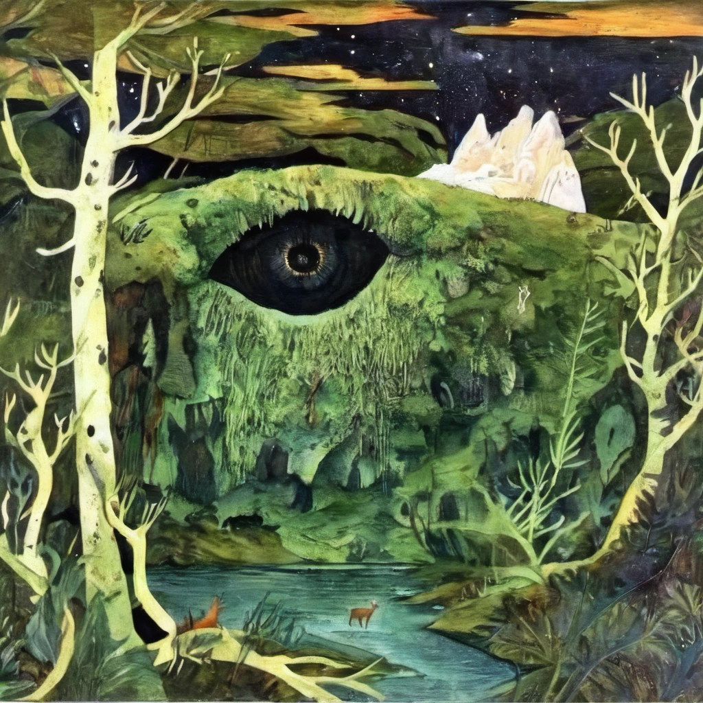 <lora:HuemanAboreal-000008:1>, HuemanAboreal, Nature Night Photography Painting, green moss cave, fire, deer, eye of providence, landscape, abstract nature art