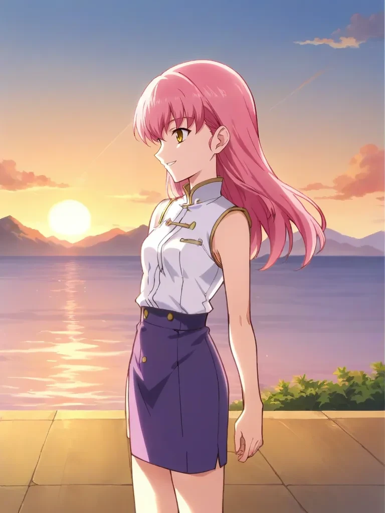 score_9, score_8_up, score_7_up, source_anime, 2d, anime_screencap <lora:rinreiranonlyyoupony:1>,
1girl, solo, rinreiran, pink hair, yellow eyes, long hair, hair down, white shirt, sleeveless, purple skirt, pencil skirt, standing, outdoors, harbor, sunset, standing, parted lips, smile, teeth