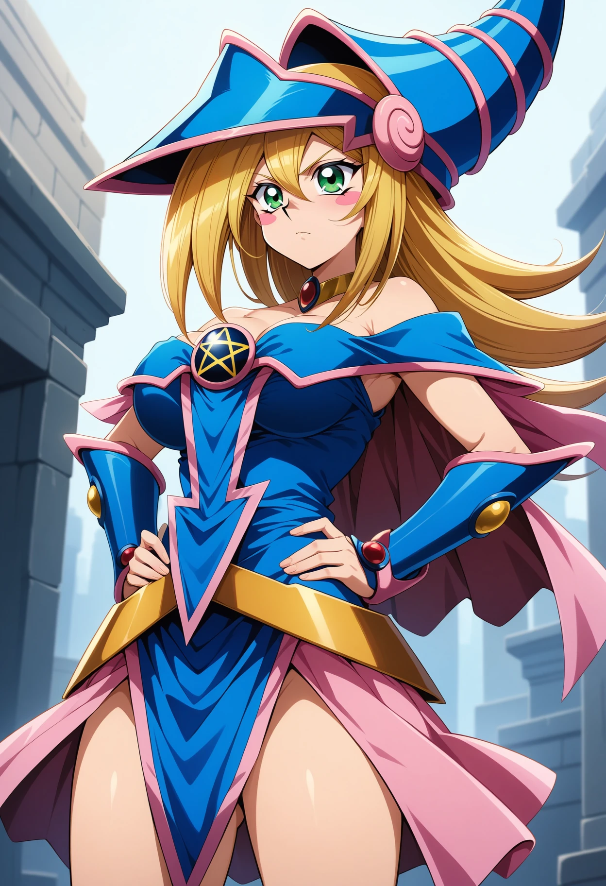 (masterpiece, best quality, very aesthetic, ultra detailed), intricate details, 4k, aadmg, long hair, blonde hair, hat, blue headwear, green eyes, blush stickers, breasts, choker, bare shoulders, cleavage, blue dress, pentacle, vambraces, pelvic curtain, pink skirt, <lora:dark_magician_girl_(animagine)_v1:0.9>, hands on own hips, standing, cowboy shot, serious