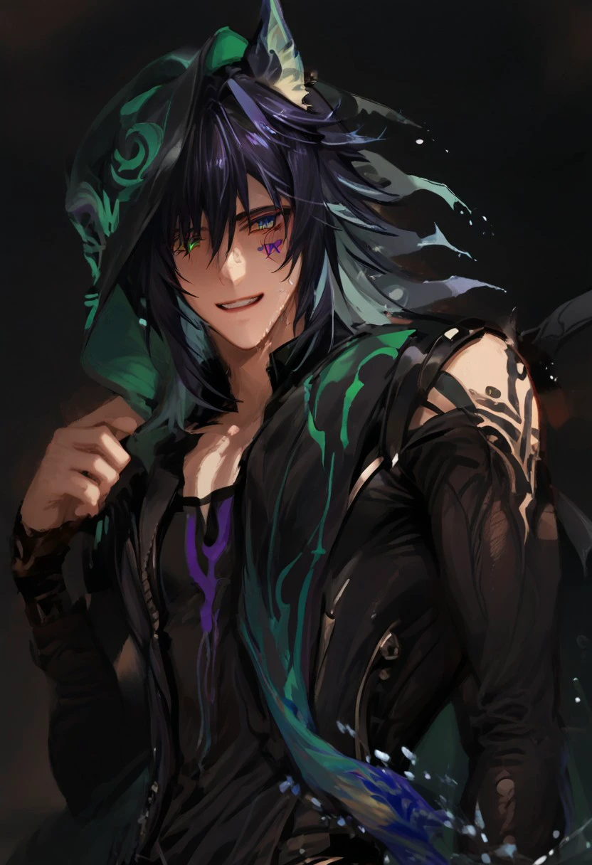 1boy, solo, male focus, animal ears, animal ear fluff, fox ears, ororon_(genshin_impact), black hair, spiky hair, messy hair, purple tint hair, green highlight, multicolored hair, wolf cut hair, hair between eyes, bangs, tan skin, Heterochromia, one green eye, one purple eye, facial marks, facial tattoo, fox boy, toned, broad shoulders, masculine jawline, slender, ripped, athletic, solo, ((fully clothed, band aids, band aid, college sweat after Quidditch game, wet)), Macro detailed realism style photograph, soft lighting, Expressiveh, 1man, sitting, (smiling:1.2), open mouth, heavy breathing, soft bright lighting, looking down, , looking at viewer, front view, chest view, role as top, masculine, detailed eyes, realism eyes,