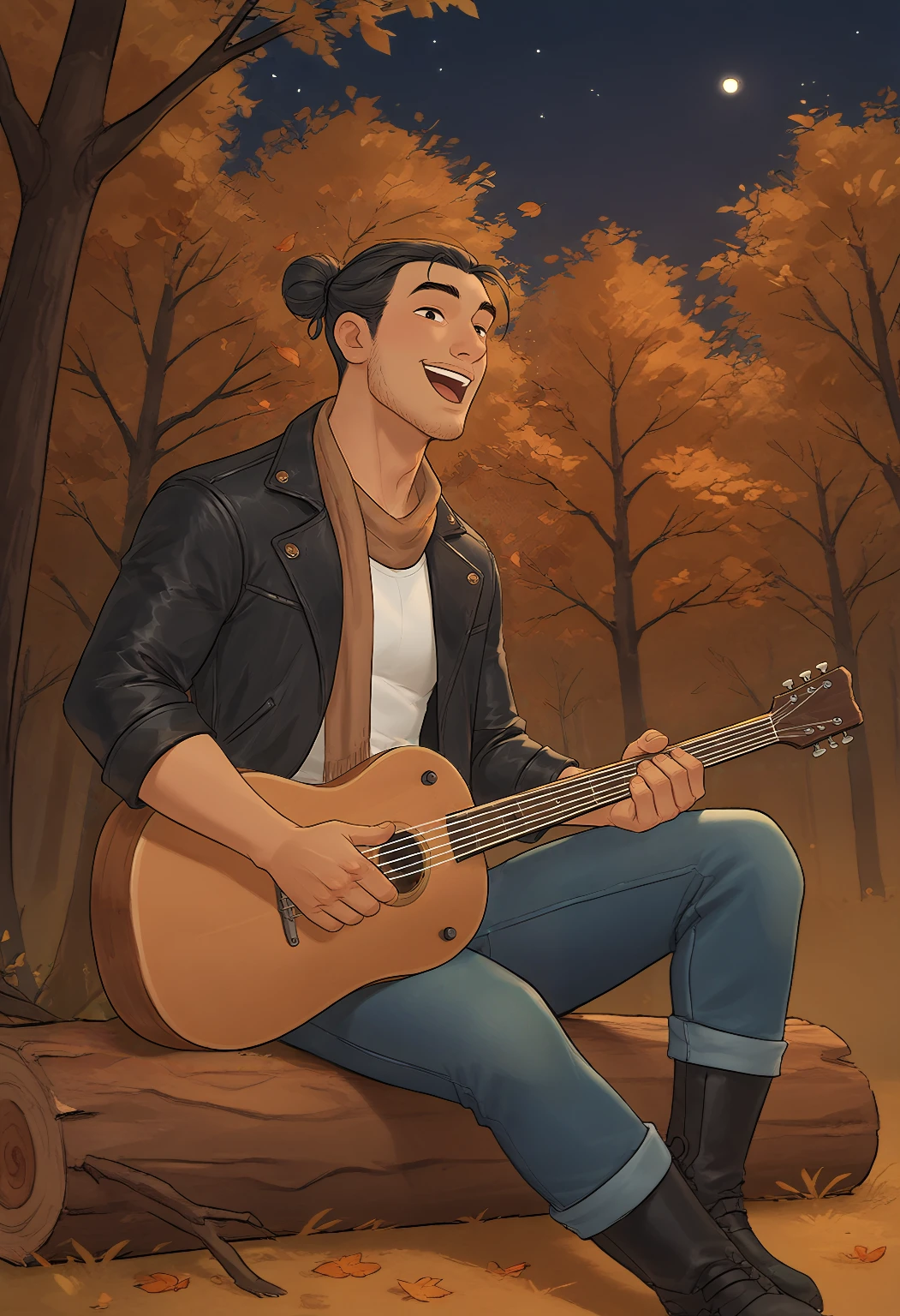 score_9_up score_8_up score_7_up, dutch_angle, low_angle,

(outfit fall), solo, male_focus, singing, (sitting_on_log), guitar, night_sky, happy, 

coraltheo, dark-skinned male, single hair bun, black leather jacket, white shirt, scarf, jeans,

forest, fall, autumn, (((milky way, stars)))