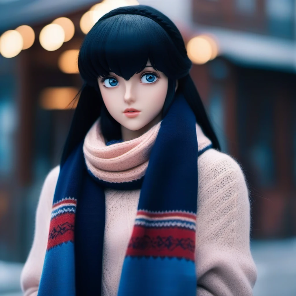 cinematic photo 1girl, long black hair, bangs, blue eyes, scarf, sweater <lora:KyokoOtonashi1024:0.8> . 35mm photograph, film, bokeh, professional, 4k, highly detailed