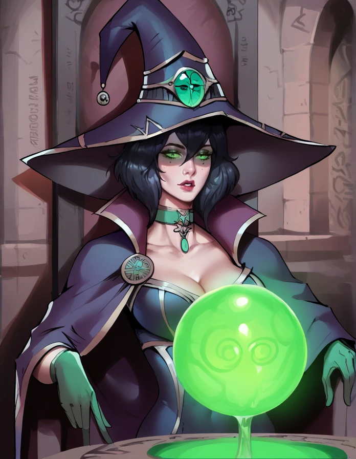 score_9, score_8_up, score_7_up,   detailed background,  realistic lighting, background: ancient ruins,
detailed eyes, mature female,fit and slim,1 girl, slightly parted lips, dynamic pose,
<lora:Pondering_My_Orb:1>, Pondering My Orb, table, sitting in chair, large breasts, cloak, robe, cleavage,
<lora:thiccwithaq locon:0.6>, thiccwithaq, <lora:Zeronis_Style:0.7>, zeronis,
black hair girl, short hair, large wizard hat, choker, black tight robe, gloves, green eyes,
Green Orb,