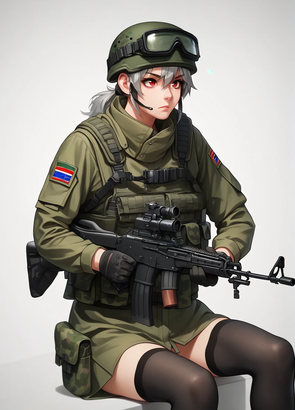 score_9, score_8_up, score_7_up,  RussianSoldier, 1girl, solo, simple background, red eyes, thighhighs, gloves, hat, white background, sitting, weapon, grey hair, black thighhighs, gun, wariza, helmet, goggles, rifle, assault rifle, camouflage, kalashnikov rifle, holding ak-74, goggles on headwear,    <lora:RussianSoldier-000004:1>