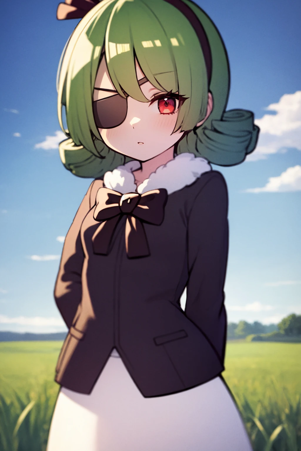 masterpiece, best quality,
1girl, krilalaris, chibi, green hair, bangs, black hairband, red eyes, eyepatch, 
black jacket, bow, long sleeves, white shirt, white skirt, skirt,
arms behind back, upper body, solo, looking at viewer, grass, blue sky, meadow background   <lora:Krilalaris:1>