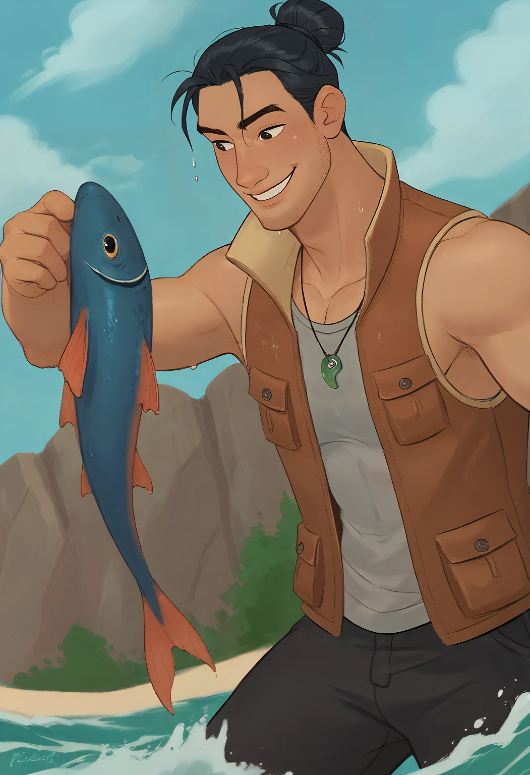 score_9_up score_8_up score_7_up, dutch_angle, low_angle,

solo, male_focus, ((fishing, fish, holding_fish)), happy, smile,

coraltheo, dark-skinned male, magatama necklace, single hair bun, outfit spring, brown vest, black pants, grey tank top, dynamic_pose,

beach, rocks, waves,