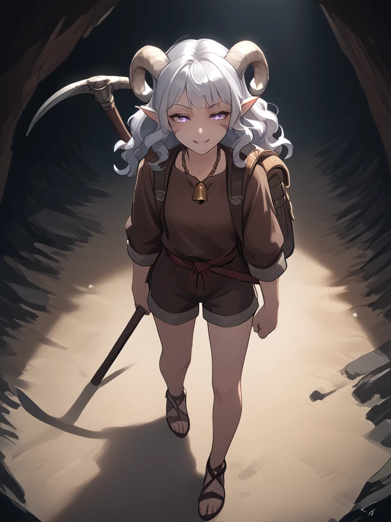 1girl, solo, walking, back, 
source_furry, score_7_up, rating_safe, source_anime, anime face,   <lora:Adventure_backpack:0.8> adventure_backpack:1.3,  bedroll:1.5, 
<lora:whisker_markings:0.8>red whisker_markings, silver long wavy hair, bell necklace, short pointy ears, purple eyes, <lora:age_slider_v4:0.6>
<lora:Test_Diana:0.8> tiefling_bard_diana:1.3,
<lora:Smooth Style 2 SDXL_LoRA_Pony Diffusion V6 XL:0.3> smile, open eyes, cowboy shot, 
<lora:INKxXmo shaded face:1> Shaded FaceINKxXmo Dark Theme, cowboy shot, close up:0.6,
 <lora:pickaxe:1> pickaxe, holding pickaxe:1.3, cave, from above,