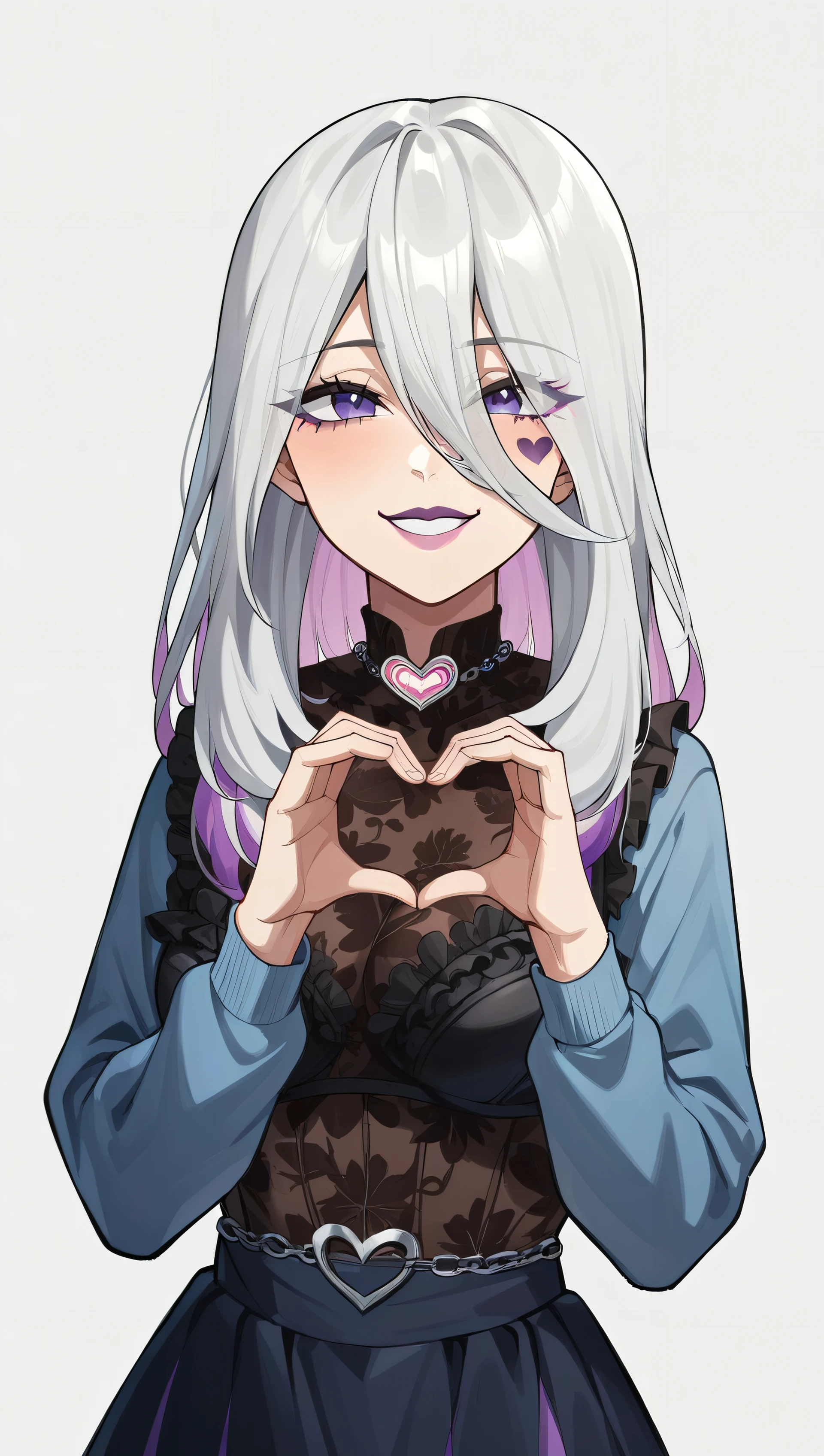 score_9, score_8_up, score_7_up, score_6_up, score_5_up, score_4_up, source_anime BREAK SableK1ck1x, white multicolored hair, heart necklace, facial tattoo, purple mascara, purple lips, lacy top, ombre skirt, heart hands, smiling, simple background  <lora:SablePony:1>