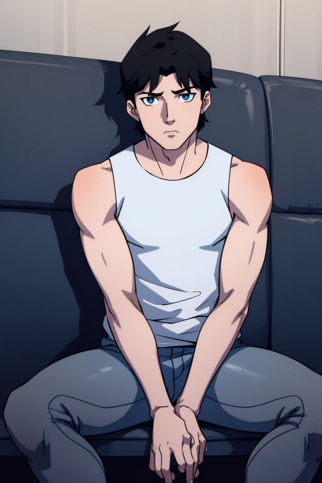 Nightwing,1boy,solo,sitting,black hair,short hair,male focus,blue eyes,white tonk top,sleeveless,,anime coloring,looking at viewer,masterpiece,best quality,8k,higres