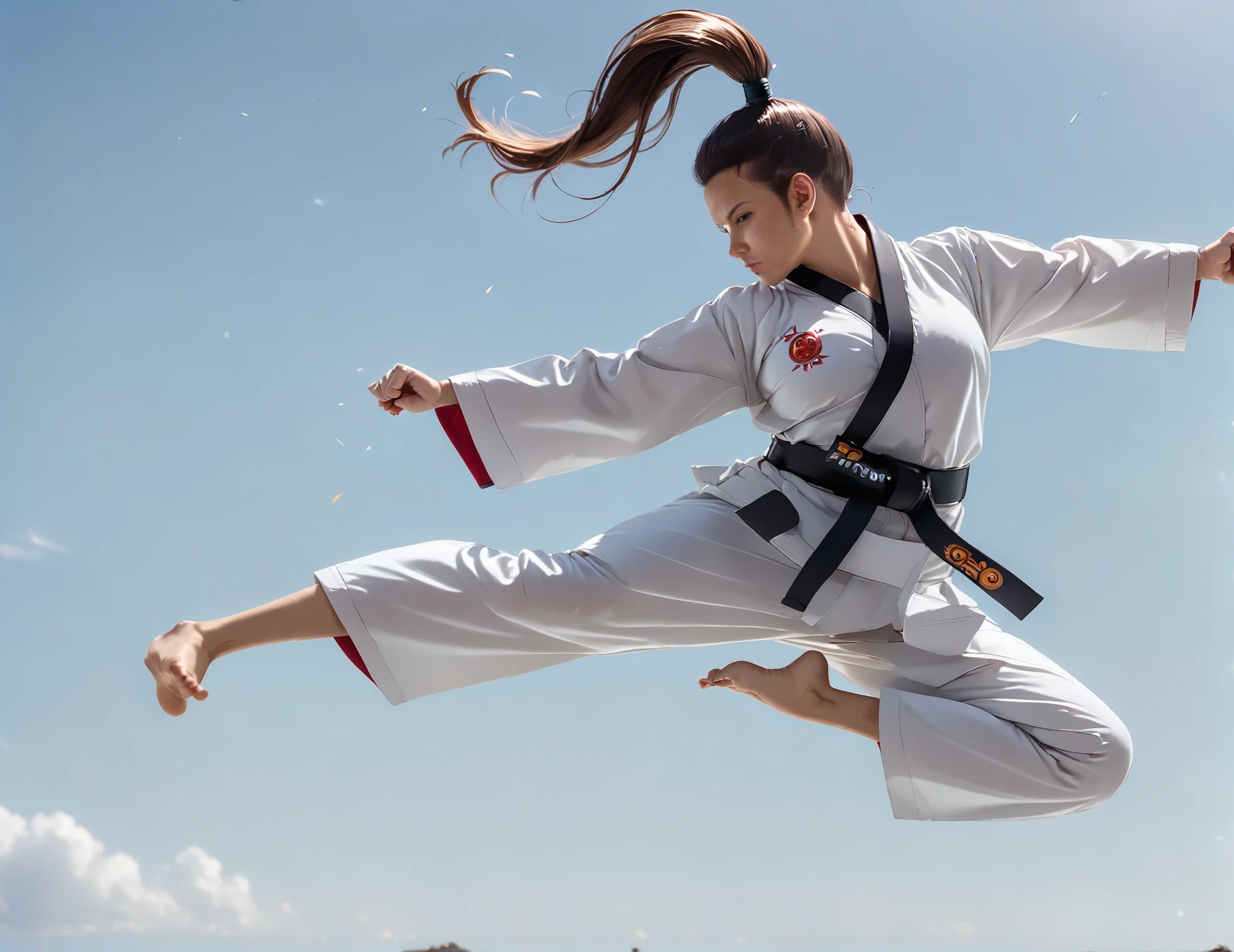 score_9, score_8_up, score_7_up, jusiki, side view, (slim 25yo female), doing a high jump sidekick, in front of pagoda. karate uniform and black belt,long brunette ponytail <lora:JumpedSideKickPony-000007:1>