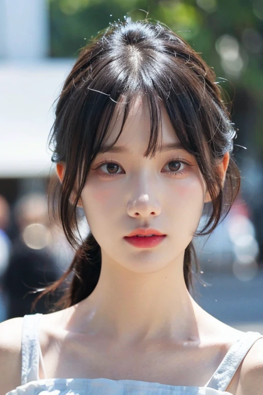 masterpiece, best quality, ultra-detailed, ultra high res, (photorealistic:1.4), raw photo, (realistic:0.2), 8k HDR, realistic lighting, 1girl, solo, asymmetrical hair, outdoors, bokeh, (detailed lips), (detailed pores), (detailed skin textures), (detailed face:1.2), (upper body:1.3), simple dress,