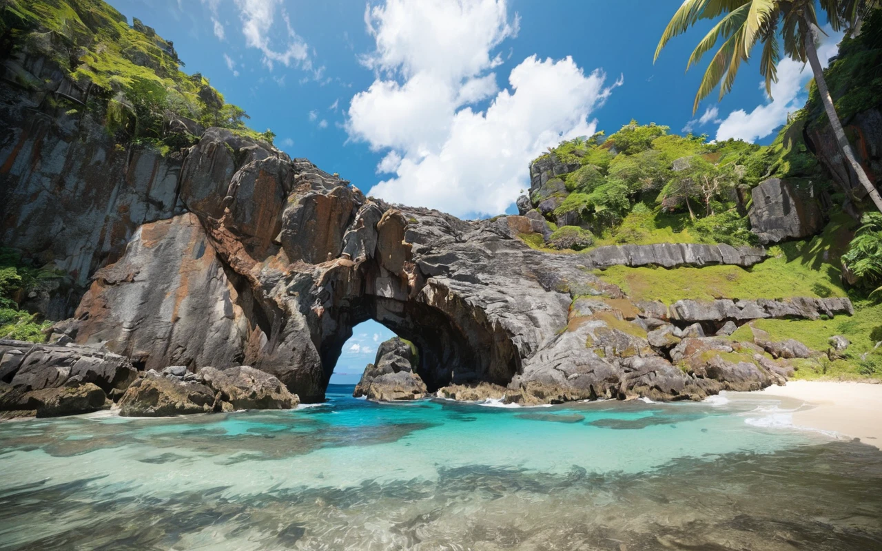 <lyco:Ogasawara:0.8>, (anime coloring, anime visual), masterpiece, best quality, high quality, ((view from ground)), Ogasawara_Islands, clear water, beach, cliff, rock, blue sky, clouds