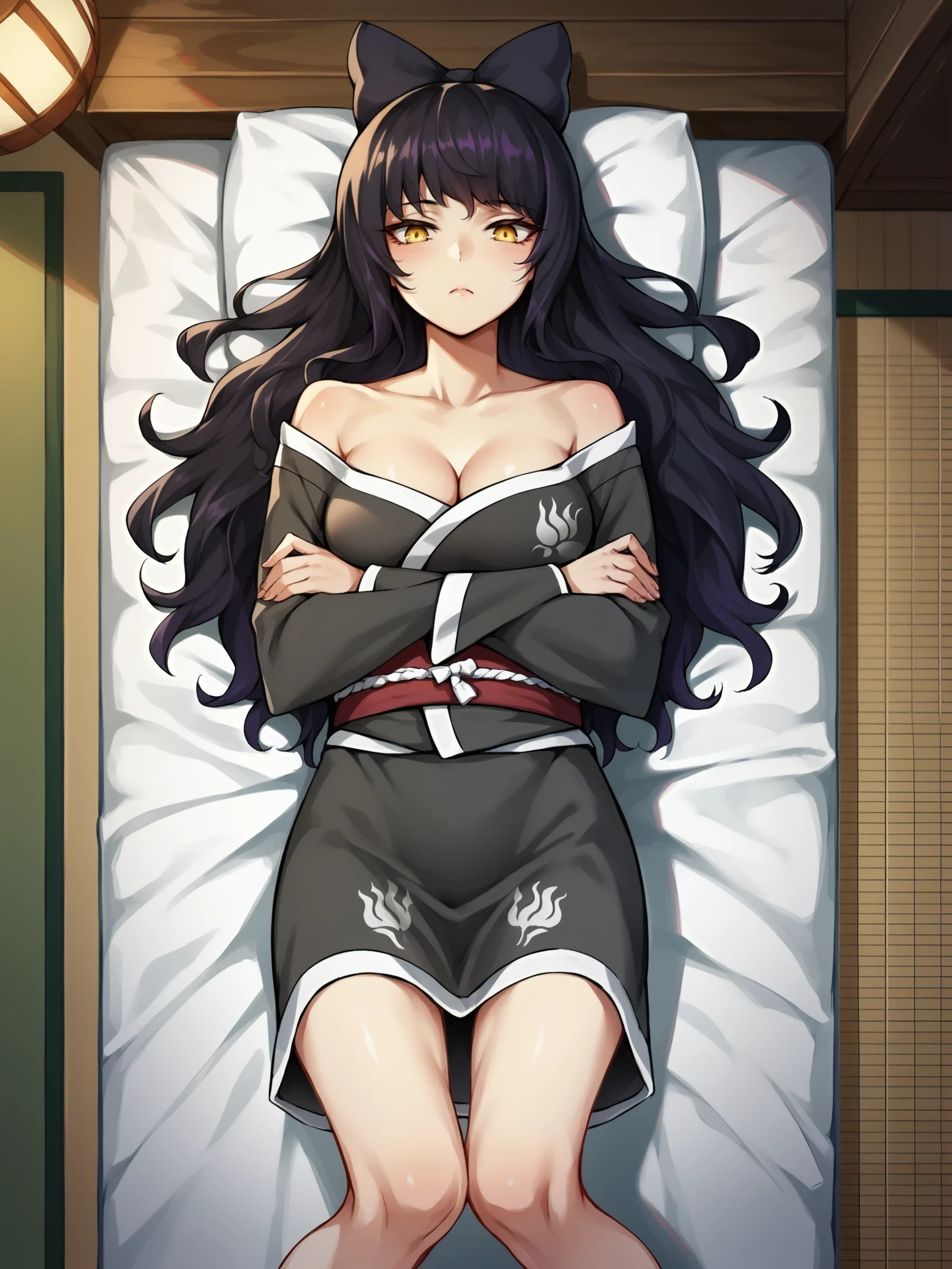 BlakeBelladonna, 1girl, black hair, yellow eyes,  ((Lying on the back, arms crossed over chest)), score_9, score_8_up, score_7_up, source_anime, masterpiece, ((detailed indoors background)), furniture, pajanese room, tropical setting,

, BlakePajamas, black kimono, short kimono, japanese clothes, hair bow, bare legs