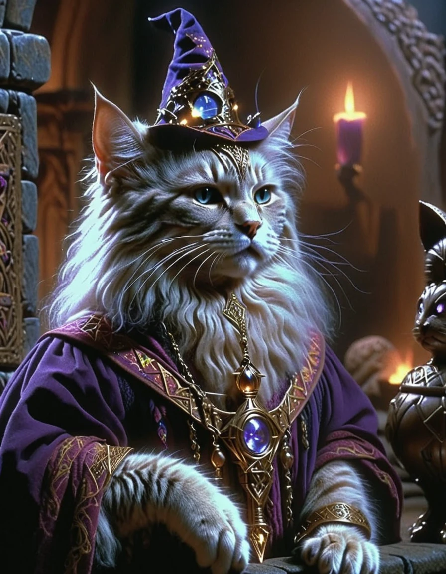 cinematic still 80sdarkfantasylora, 1cat, wizard . emotional, harmonious, vignette, 4k epic detailed, shot on kodak, 35mm photo, sharp focus, high budget, cinemascope, moody, epic, gorgeous, film grain, grainy, 80sdarkfantasylora, 1cat, wizard, intricate, elegant, highly detailed, epic, magical atmosphere, bright, clear focus, extremely professional, cinematic, artistic, singular, best, quality, vibrant colors, light, real, modern, romantic, new, cute, beautiful, creative, amazing, attractive, hopeful, relaxed, pretty, focused