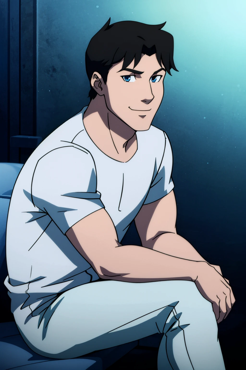 Nightwing,1boy,solo,sitting,,black hair,short hair,male focus,blue eyes,white shirt,blue pants,smile,,closed mouth,looking at viewer,masterpiece,best quality,8k,higres