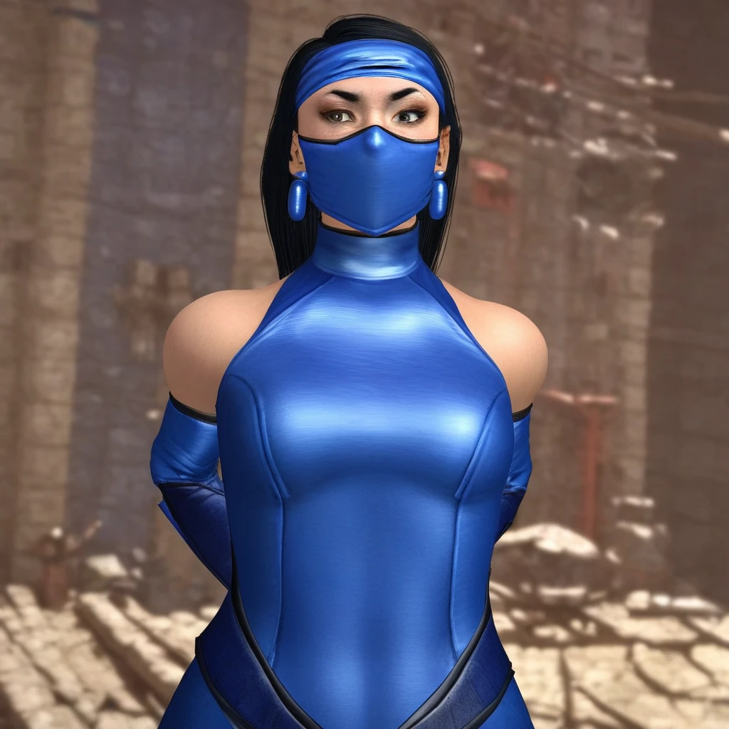 <lora:Kitana_MKII-10:.8> kitana, black hair, blue leotard, blue headband, blue mask, blue gloves, blue thighhighs, ultra detailed, holding fan, solo
