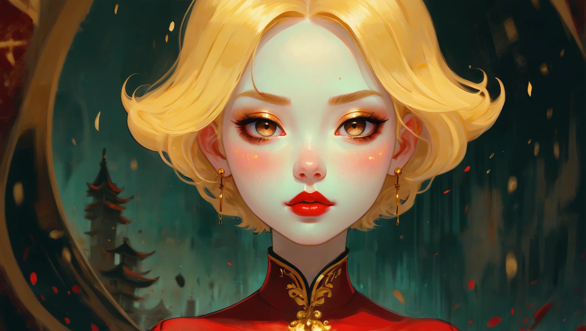 digital painting, yamamba girl, 1girl, woman, malevolent goddess, (red lipstick:1), bombshell hair, ultra light color:gold hair, Brushed Out Curls, toned hourglass figure, chinese<lora:EnvyStrangeWorldXL01:1>