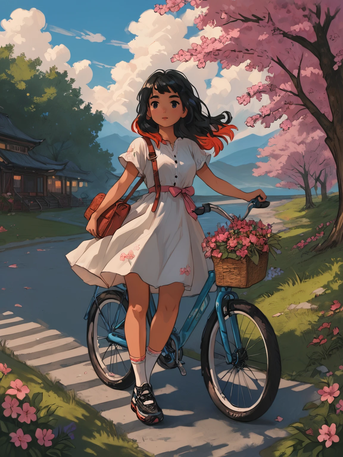 Score_9, score_8_up, score_7_up, score_6
Cuti3C0mics 1girl, solo, long hair, black hair, dress, holding, standing, flower, short sleeves, multicolored hair, outdoors, sky, shoes, socks, cloud, bag, white dress, tree, blue sky, grass, white socks, cherry blossoms, ground vehicle, pink flower, wide shot, bicycle, bicycle basket
<lora:Cuti3C0mics Pony Style V2:1>