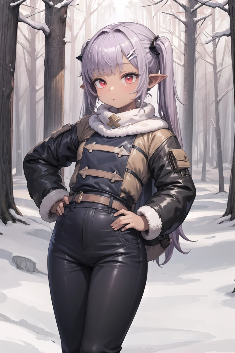 masterpiece, best quality,  (illustrations:1.5), (best quality:1.5), (official concept art:1.4), (all intricate:1.4), (CG:1.2), (outline:1.4), (cinematic light:1.4), (4k wallpaper:1.4), 1girl, (standing on winter forest:1.5),(winter clothes, fur coat, white handwear, white shirt, long sleeves, rune draw pants:1.4), hair, extremely detailed CG unity 8k wallpaper, beautiful skin, (tan skin:1.6), hands on hips, (extra shiny:1.1), purple hair, red eye, hair ornament, (twintails), hair tie, long pointy ears,
<lora:deadflow-10:0.8:lbw=ALL>