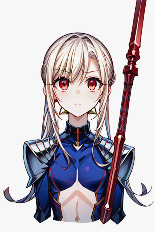 masterpiece_portrait, high quality, canvas, anime_art_style, cartoon, fate kaleid liner prisma illya, illyasviel von einzbern, illya lancer, lancer, 1girl, gae bolg (fate), solo, long hair, navel, cosplay, red eyes, weapon, white background, ponytail, polearm, looking at viewer, bodysuit, armor, spear, simple background, hair between eyes, shoulder armor, bangs, closed mouth, small breasts, pauldrons, blonde hair, blue bodysuit, breasts<lora:Illyasviel_von_Einzbern_lancer_style:1> <lora:hyperdetailer_v095:0.8> <lora:animemix_v3_offset:0.5>