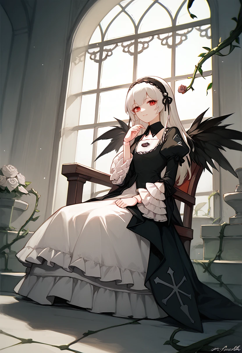 score_9, score_8_up, score_7_up, solo, 1girl, suigint0u, doll joints, light smile, looking at viewer, sitting, chair, white hair, black hairband, frills, black dress, detached collar, black ribbon, long sleeves, frilled sleeves, puffy sleeves, black wings, arch, rose, light rays, vines <lora:rozenmaiden_suigintou_ponyXL:1>