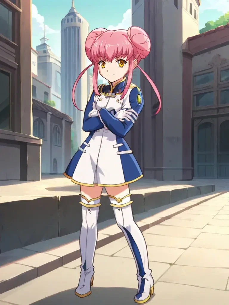 score_9, score_8_up, score_7_up, source_anime, 2d, anime_screencap <lora:rinreiranonlyyoupony:1>,
1girl, solo, rinreiran, pink hair, yellow eyes, double bun, two-tone_dress, gloves, white thigh boots, standing, outdoors, city district, arms crossed, confident smile, standing