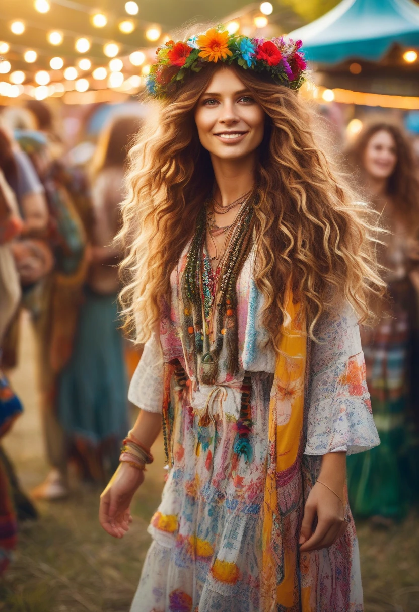 A vibrant and free-spirited portrait of a beautiful woman at a bohemian festival. She has curly, sun-kissed hair styled in loose waves, accessorized with a colorful flower crown. She wears a flowing, patterned maxi dress with fringe details and layered bohemian jewelry. The background shows a lively festival scene with tents, string lights, and a crowd enjoying the festivities.