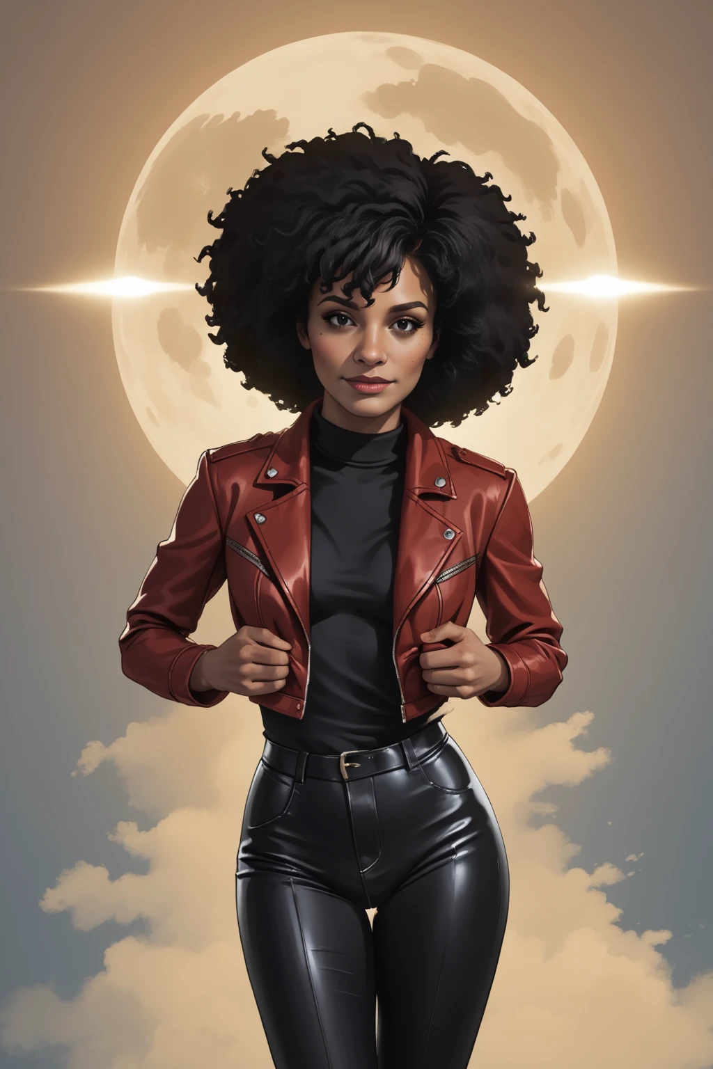 <lora:sxz-rutkowski-smol-pdxl:1>,rutkowski style realistic,<lora:Misty_Knight_PDXL_spamb0t:0.7>,Marvel_Comics_Misty_Knight
BREAK [SEP] (short black afro:1.3),black turtleneck
BREAK [SEP] maroon leather jacket,
BREAK [SEP] cowboy shot,sultry,seductive,standing with hands on lower back, chest forward,1970s abstract background
BREAK [SEP] high quality,film grain,cinematic lighting,volumetric lighting,model shoot,looking at viewer
BREAK [SEP] (hyper detail,insanely detailed,best quality,masterpiece,photorealistic:1.4)