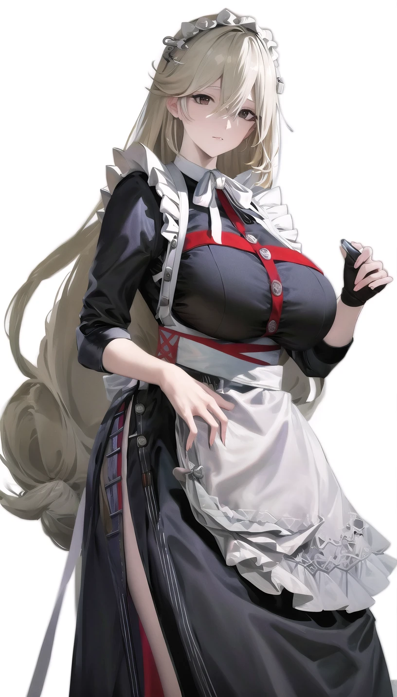 light blonde hair, 
(apron:1.28),
lady,milf,mature female,
(white background,simple background:1.18),
highres,official art,original,masterpiece,best quality,
(large breasts),
<lora:alexandrina1:1.2>