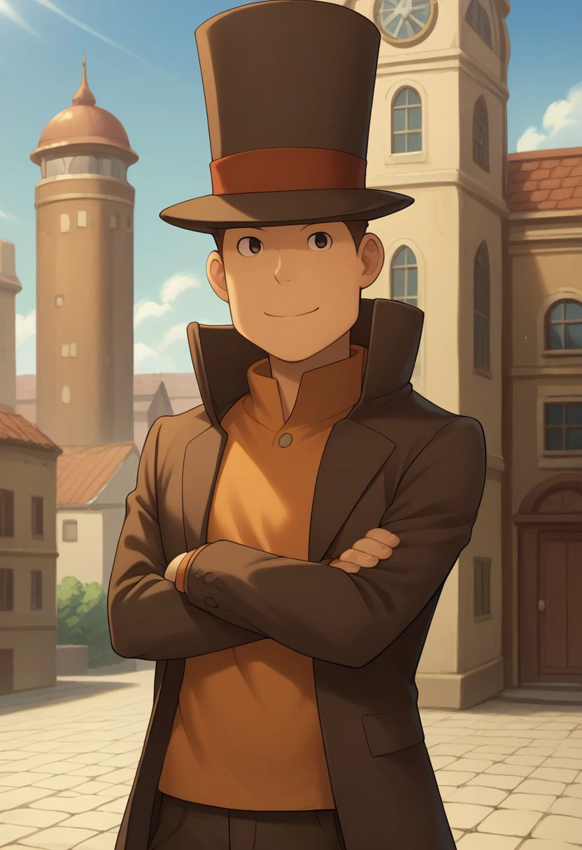 score_9, score_8_up, score_7_up, source_anime, highly detailed, 
proflayton, hat, solo, 1boy, male focus, top hat, brown hair, upper body, standing, smile, shirt, orange shirt, brown jacket, brown pants, closed mouth, crossed arms,
outdoor, sky, building, steampunk