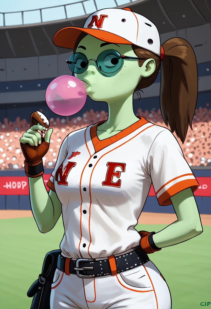 score_9, score_8_up, score_8,   <lora:Doctor_Princess_Adventure_Time_for_PonyXL:0.8> 1girl, green skin, glasses, drpr1nc3ss, brown hair, baseball outfit, stadium, hat, gum  bubble