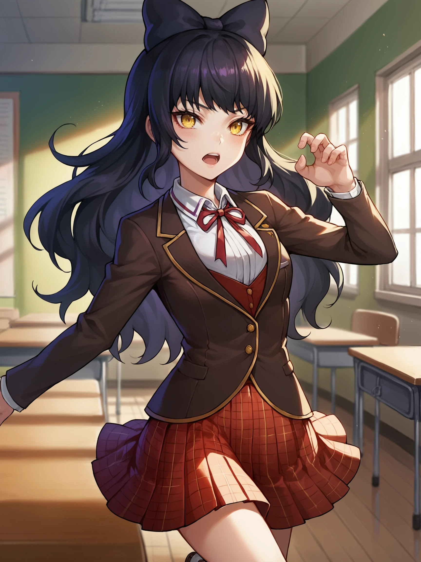 BlakeBelladonna, 1girl, black hair, yellow eyes,  ((Dancing pose)), score_9, score_8_up, score_7_up, source_anime, masterpiece, ((detailed indoors background)), furniture, classroom, 

BlakeSchoolUniform, school uniform, black jacket, plaid skirt, socks, shoes, bow, hair bow