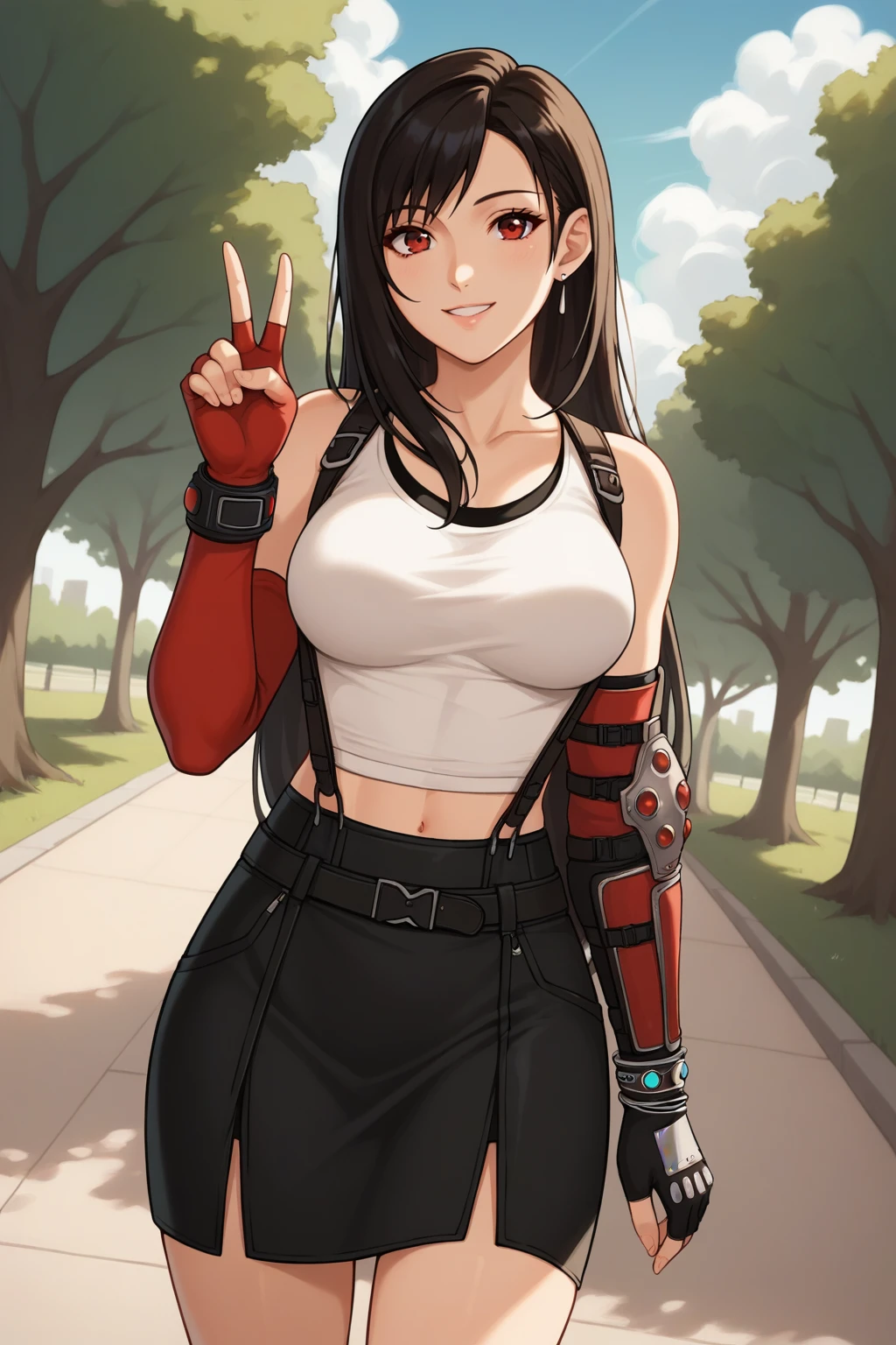 score_9, score_8_up, score_7_up, source_anime, 1girl, prefect lighting, very aesthetic, intricate details, highly detailed background, masterpiece, high quality, prefect hands, best quality, solo,
<lora:Tifa_FF_V1:.85>, KJOtifa, black hair, long hair, red eyes, 
white tank top, suspenders, black skirt, red elbow gloves, fingerless gloves,
cowboy shot, dutch angle, seductive smile, looking at viewer, v,
sunny, park, sidewalk, tree, cloudy sky,
(Beautiful, medium Breasts:1.2), natural breasts,