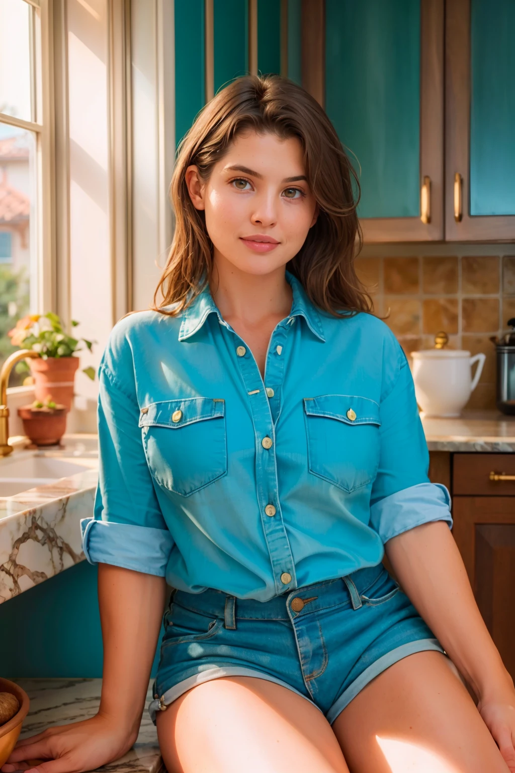 a ((portrait, upper body focus)) photograph of (1girl, 28 years old, slight smile), <lora:ZH_AmandaCerny_v1SD15:1>, zh_amandacerny, solo, realistic, brown eyes, looking at viewer,  wearing (loose chambray button shirt and shorts)