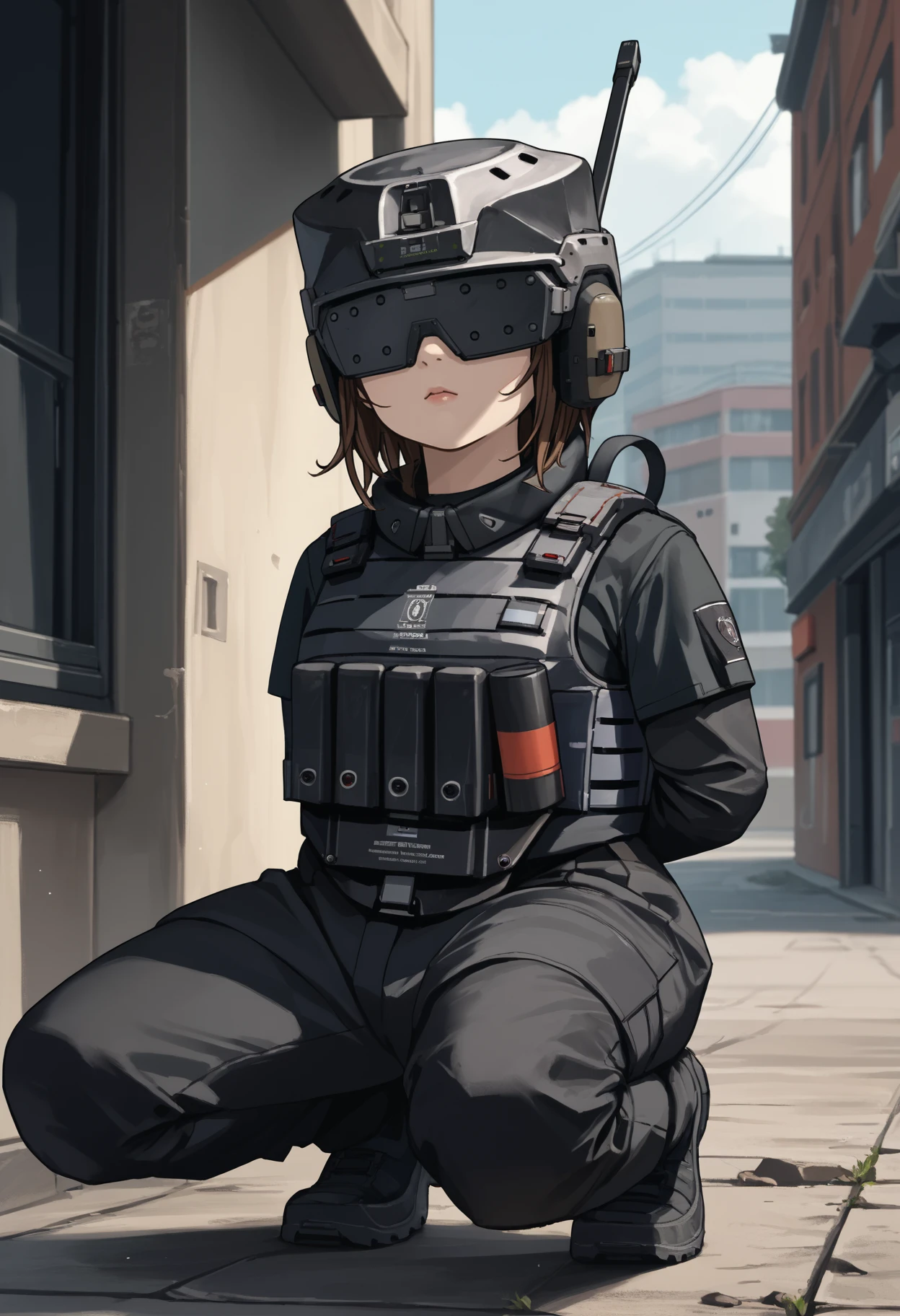 score_9, score_8_up, score_7_up, source_anime BREAK 1girl, solo, <lora:soldierow_lumi-nikke-richy-v1_pdxl:1> sdlrow, covered eyes, brown hair, short hair, helmet, black jacket, bulletproof vest, tactical clothes, black gloves, black pants, arms at sides, squatting