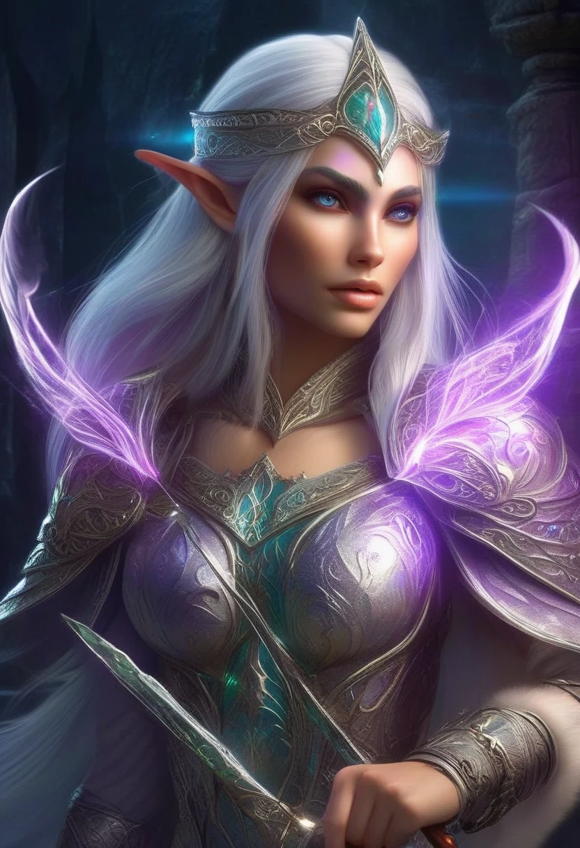 data-000051-dalle-female style, A stunning high-fantasy portrait of a beautiful female elf warrior. She has long, straight silver hair and pointed ears, with intricate elven armor featuring delicate engravings and a regal, flowing cape. Her eyes are a striking violet, and she holds an ornate staff adorned with glowing crystals. The background is a majestic fantasy landscape with ancient ruins and a magical, glowing aura.