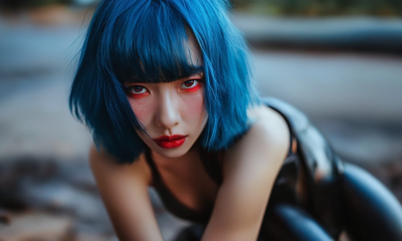 photorealistic, 1girl, all_fours, blue_hair, blush, leash, leather, red_eyes, solo, spreader_bar, detailed background, film photography aesthetic, film grain, analog photography, asian,  