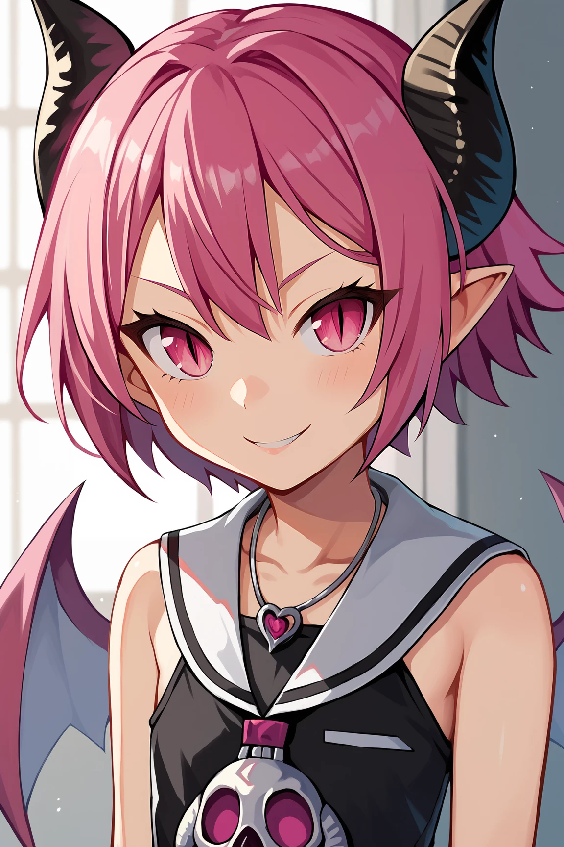 score_9, score_8_up, score_7_up, score_6_up, BREAK, RaspberylD3XL, slit pupils, pink eyes, pink hair, short hair, bangs, pointy ears, black horns, tail, flat chest, wings, necklace skull, bare shoulders, white sailor collar, black dress, solo, front view, (portrait, upper body), solo focus, seductive smile, looking at viewer, indoors <lora:RaspberylD3XL:0.8>