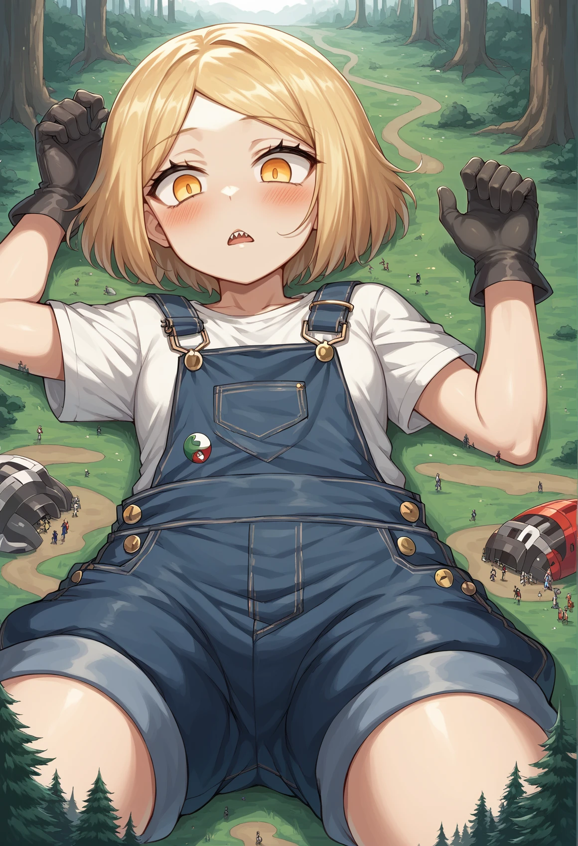 1girl, short hair, blonde hair, yellow eyes, sharp teeth, overalls, shorts, gloves, laying, on back, t-shirt, forest, chestnut mouth, blush, giantess, giant <lora:Bunnyan:1>, score_9, score_8_up, score_7_up, score_6_up, score_5_up, score_4_up, BREAK source_anime, masterpiece