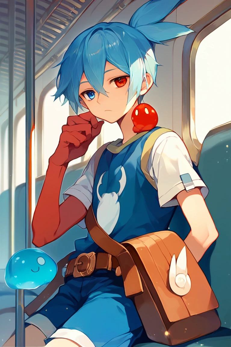 score_9, score_8_up, score_7_up, highres, source_anime,(best quality:1.1), masterpiece, absurdes, puyo_sig, 1boy, male focus, heterochromia, bag, blue hair, solo, red eyes, shorts, blob, blue eyes, bored, subway