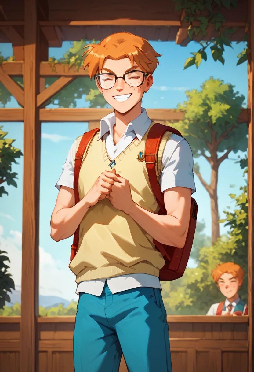 embedding:Pony\Positive\zPDXL2, score_9, score_8_up, score_7_up, 1boy, arnold_ts!, closed eyes, skinny body, orange hair, glasses, freckles, sweater vest, backpack, blue pants, cowboy shot, grin, look at viewer