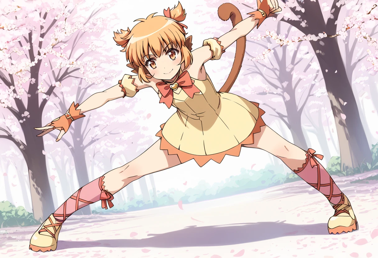 score_9, score_8_up, score_7_up, source_anime, BREAK
mew pudding, 1girl, solo, tambourine, cherry blossoms, twintails, tree, :3, brown eyes, short hair, blonde hair, brown hair, twin braids, smile, dutch angle, full body, chakram, cross-laced footwear, yellow eyes, yellow dress, orange footwear, long hair, wrist cuffs, outdoors, looking at viewer, orange eyes, short twintails, red bow, bowtie, closed mouth, skirt, fighting stance, shadow, hair ornament, footwear ribbon, monkey tail, monkey ears, brooch, two side up, monkey girl, eyebrows visible through hair, bell, leg ribbon, standing, red neckwear, grass, kneehighs, orange hair, bangs, detached sleeves, day, blush, ankle lace-up, foreshortening, pink legwear, collar, sleeveless dress, choker, outstretched arms, short dress, hair ribbon, kicking, two-tone hair, sunlight, socks, flat chest, light brown hair, bare shoulders, puffy short sleeves, petals, pink bow, puffy detached sleeves, orange tail, fingerless gloves, orange gloves, white background, yellow footwear
<lora:mew_pudding_fong_pudding_sdxl_locon_pony_v1:0.7>