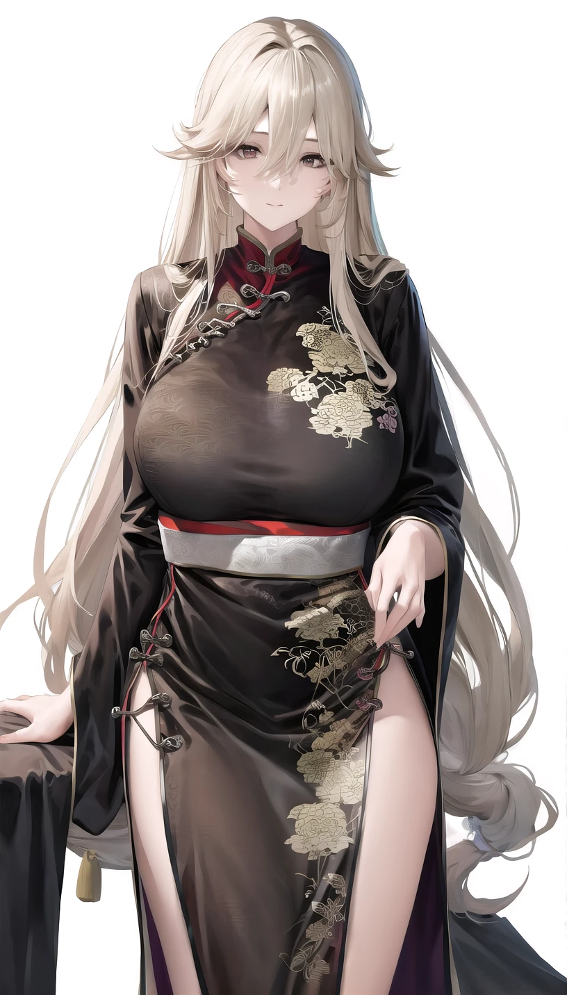 light blonde hair, 
(chinese clothes:1.28),
lady,milf,mature female,
(white background,simple background:1.18),
highres,official art,original,masterpiece,best quality,
(large breasts),
<lora:alexandrina1:1.2>